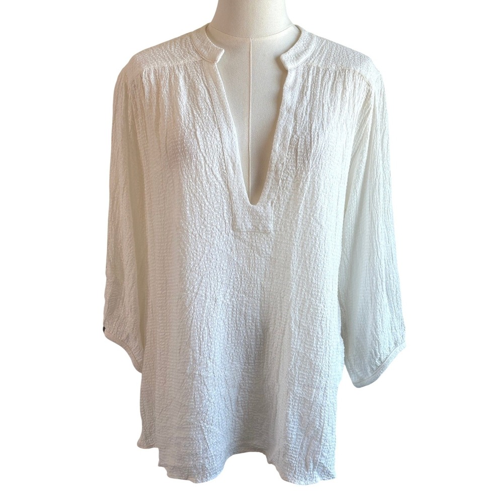 Peace by Lotta Stensson Tunic Top White Womens Small Crinkle V-Neck 3/4 Sleeve